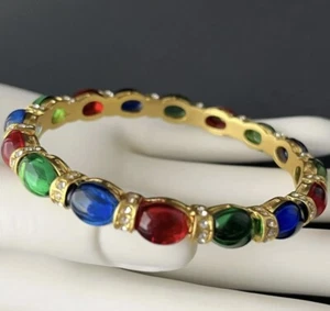 Mogul Jewel Multicolor Cabochon Bangle Bracelet Matte Gold Tone Colorful 7” - Picture 1 of 9