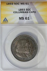 1893 .50 ANACS MS 61 COLUMBIAN EXPO Classic Silver Commemorative Coin - Picture 1 of 2
