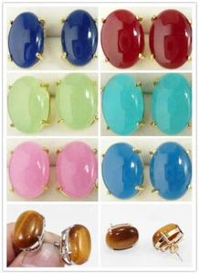 Women Genuine 13x18mm Oval Jade / Tiger's Eye Gems Inlay Gold Stud Earrings AAA - Picture 1 of 19
