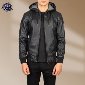 Men's Black Genuine Lambskin Leather Bomber Biker Hoodie Jacket Ribbed Style - Picture 1 of 8