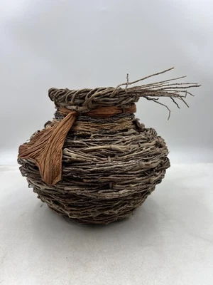 Handmade Artisan Rustic Vine Twig Basket Vase Woven Natural Bark Boho Decor - Image 1 of 4