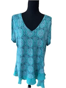 JM Collection Damen Tunika Kurzarm grün blau Blumen Rüschen unten Gr. XL - Bild 1 von 8