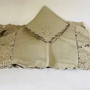 Vtg Natural Linen Placemats With Napkins X 3 Handmade Cut Out Embroidery Scallop - Picture 1 of 10