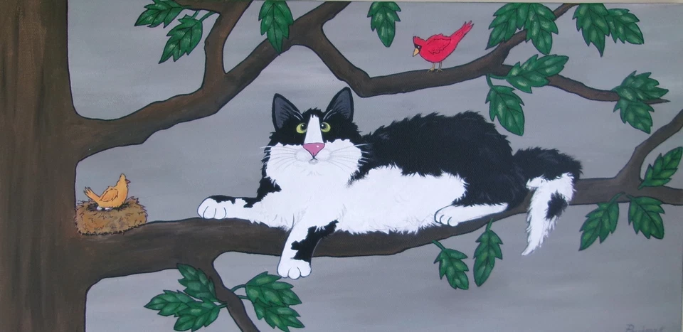 CATS-WHIMSY COW KITTY, CARDINALS, 10 X 20 STRETCH CANVAS BY- Pryjmak - Image 1 of 1
