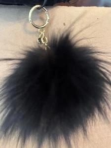 Michael Kors Fur Pom Keychain Bag Charm BLACK FUZZY FOB Gold Hardware - Picture 1 of 5