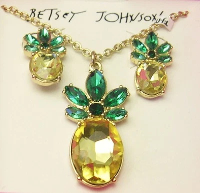 Betsey Johnson RHINESTONE Set PINEAPPLE Necklace & Earrings yellow green GIFT - Image 1 of 4