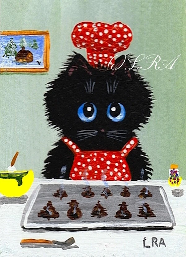 Christmas Cookies Black Cat Baker Art ACEO Print of Painting Creationarts - Image 1 of 1