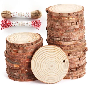 50Pcs Wood Slices 2.4"-2.8" Unfinished Natural Wood Rounds with Pre-Drilled Hole - Picture 1 of 12