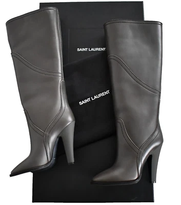 $1795🆕️SAINT LAURENT Anthracite Gray LEATHER KENSINGTON TALL Boots EUR-39 US8.5 - Image 1 of 4