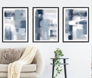Blau Weiß Marine Abstrakte Kunst 3er Set Grau Modern Maritim Block Tei Dekor - Bild 1 von 8