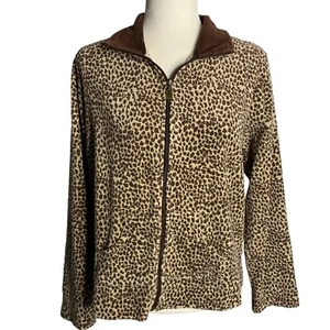 Oleg Cassini Velour Full Zip Sweatshirt M Brown Leopard Print Pockets Collar - Picture 1 of 6