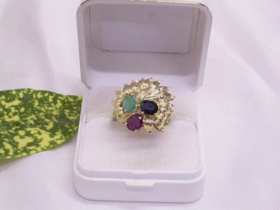 SMARAGD & RUBIN & SAPHIR: 585er GELBGOLD-RING: HANDARBEIT: GR.: 57 mm / 18,1 mm - Bild 1 von 4