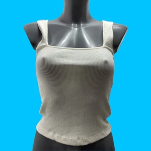 Urban Outfitters Square Neck Top Crop top Sleeveless Vest T-Shirt Cream Size M - Picture 1 of 9