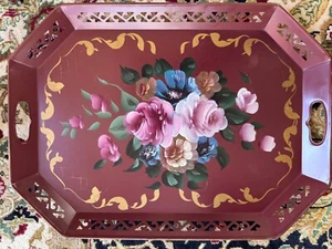 Vtg Hand Painted Toleware Floral tray Handles Burgundy, Pink, Blue, Gold, 22x16" - Picture 1 of 22