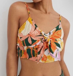 Aerie Crop top tropical print tie front smocked back V-Neck Size XL, summer - Picture 1 of 8