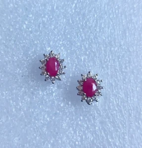 Pink Ruby Oval & Zircon Halo Stud Earrings 925 Sterling Silver Handmade Jewelry - Picture 1 of 10