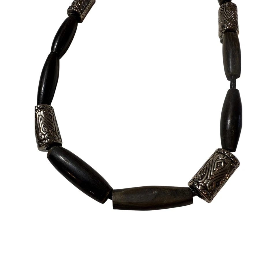 木质珠项链带银色口音珠 – 波西米亚珠宝 — 第 1/4 张图片