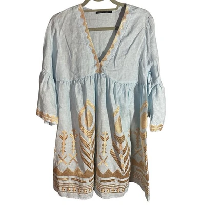Greek Archaic Kori Blue Linen Dress with Gold Arrow Embroidered Accents Size Md - Изображение 1 из 4