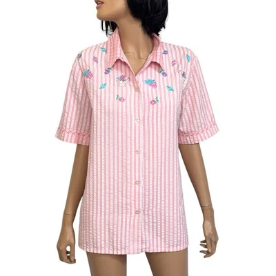 Vintage Anos 90 Napa Valley Petites Botão Top M Listra Rosa Bordado Cottagecore - Imagem 1 de 4