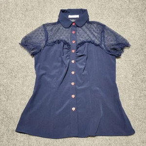 Belle Poque Top Womens Medium Blue Red Heart Sheer Sweetheart Whimsy Romantic - Picture 1 of 13