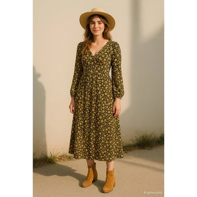 Женское платье Topshop размер 12 черное желтое с цветочным рисунком с длинным рукавом миди коттедж осень - Изображение 1 из 4