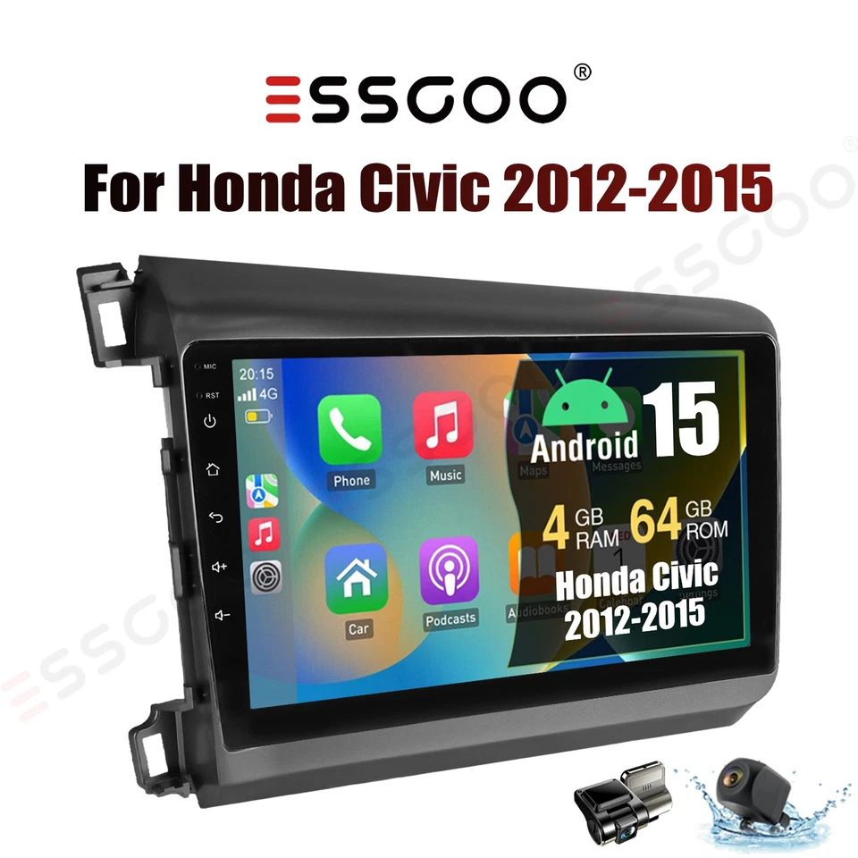 9" DVR+ Android 15 Car Stereo Radio 4+64GB For Honda Civic 2012-2015 WiFi BT+AHD - Image 1 of 4