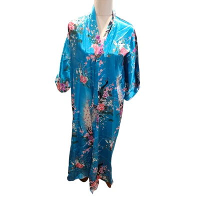 Vintage Kimono Duster Polyester Satin Blue Cherry Blossoms Japan Boho Size 43 — 第 1/4 张图片