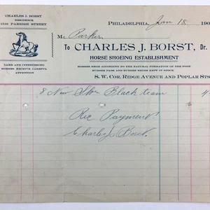 1906 Billheads Charles J Borst Hufeisen Einrichtung Pferde Phila PA - Bild 1 von 6