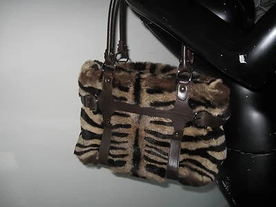 LUXURIOUS SALVATORE FERRAGAMO RABBIT FUR TOTE BAG W/ BROWN LEATHER SILVER HDWR. - Image 1 of 4