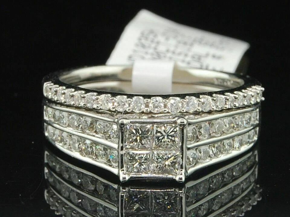 Lab Created Diamond Engagement Wedding Ring 14K White Gold Plated Bridal Set - Image 1 of 4