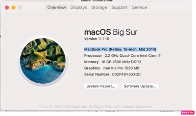 Apple MacBook Pro 15 inch (16GB RAM, Mid 2014) 2.2 GHz Quad-Core Intel Core i7 - Image 1 of 4