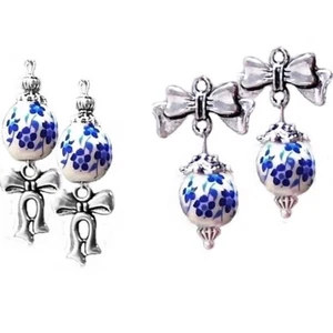 Earrings Blue Porcelain and bow charm, choose clip on or pierced - Picture 1 of 7