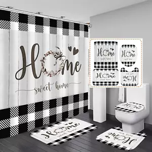 Rustic Black and White Shower Curtain Set with Bath Mat and Toilet Rugs - Picture 1 of 12