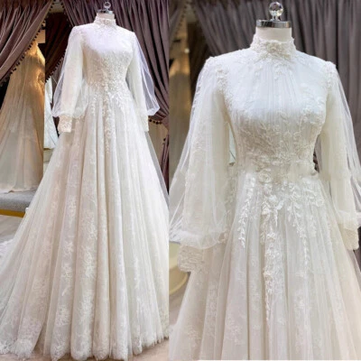 Vintage Muslim Wedding Dresses High Neck Puff Long Sleeve Soft Tulle Bridal Gown - Image 1 of 4