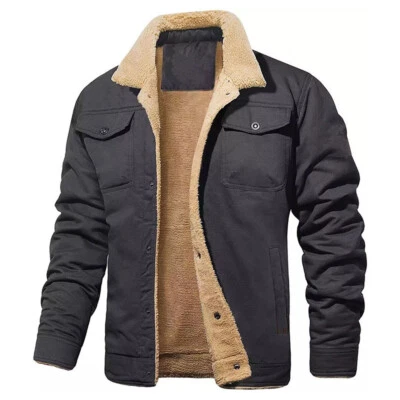 Men's Sherpa Trucker Jacket 5 Pockets Cotton Cargo Work Lapel Collar Winter Coa△ - Image 1 of 4