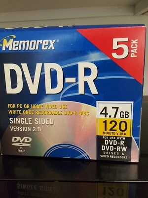 Lote de 5 Memorex DVD-R 4.7GB 120 4X Min Video Versión Una Cara 2.0 - Sellado Foto 1 de 4