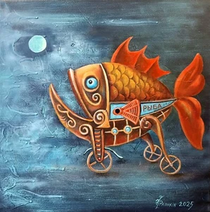 Original Ölgemälde Leinwand ZEITGENÖSSISCHER SURREALISMUS Kunst Pronkin 2025 MOND & FISCH - Bild 1 von 6