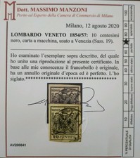 1854/57 FRANCOBOLLI ANTICHI STATI L. VENETO 10C. NERO CARTA A MACCHINA E/4307
