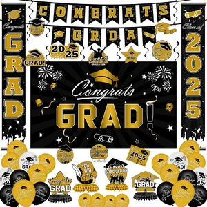 Graduation Decorations 2025 Set - Gold Themed Congrats Grad Banner, Backdrop, Ha - Picture 1 of 12
