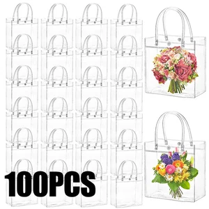 10-100 Pcs Clear Plastic Gift Bags with Handle Transparent Gift Bag Reusable Tot - Picture 1 of 14