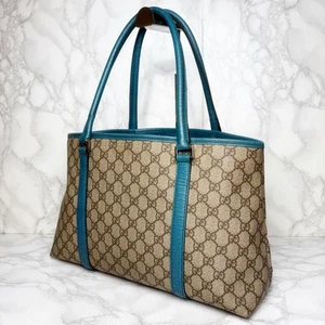 GUCCI GG PVC Tote Bag Blue Beige Leather Trim Shoulder Handbag  MBb1062 - Picture 1 of 8