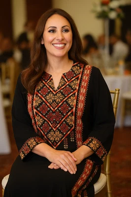 Elegante Abaya/Thobe Bordado - Diseño Tradicional Palestino - Negro y Naranja Foto 1 de 4