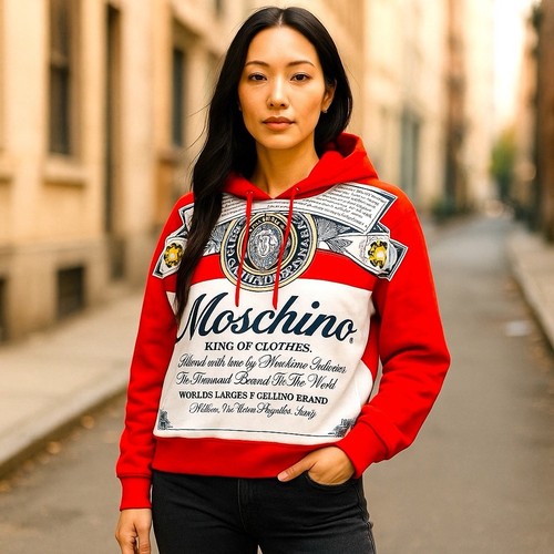 Felpa con cappuccio Moschino x Jeremy Scott stampa Budweiser cotone donna taglia 2 colore rosso nuova con etichetta