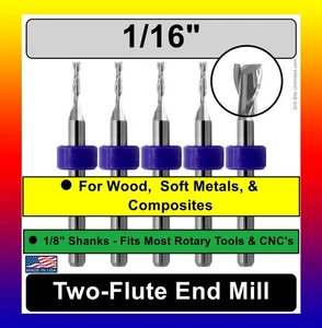 5 frese terminali in metallo duro 1/16" - punte CNC 2 flauti, gambo 1/8" UPCUT legno metallo morbido - Foto 1 di 7