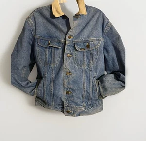 Giacca jeans Lee vintage anni 70 taglia media colletto velluto a coste blu foderata a quadri made in USA - Foto 1 di 9