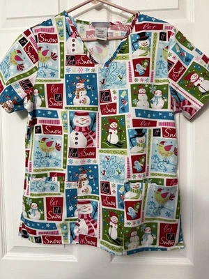 SB Ladies Scrub Top "Let It Snow" Snowmen & Mittens Size XS - Image 1 of 3