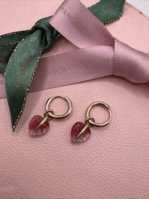 Pandora Rose Gold Murano Glass Leaf Hoop Earrings ALE MET 288317pmu Genuine - Image 1 of 4