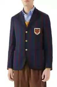 Gucci Mens Blue Green Burgundy Striped Tiger Patch Blazer Jacket $2900, Size 46 - Picture 1 of 8