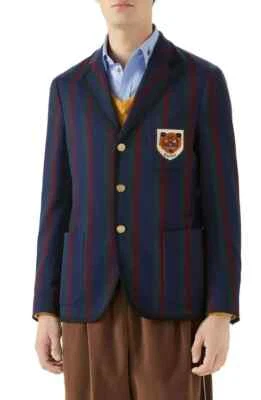 Gucci Mens Blue Green Burgundy Striped Tiger Patch Blazer Jacket $2900, Size 48 - Image 1 of 4
