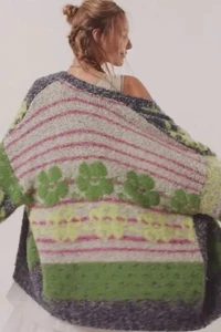 Free People Womens Cardigan Gather Me Close Jaded Iris Wool Floral Knit RARE XS - Picture 1 of 14